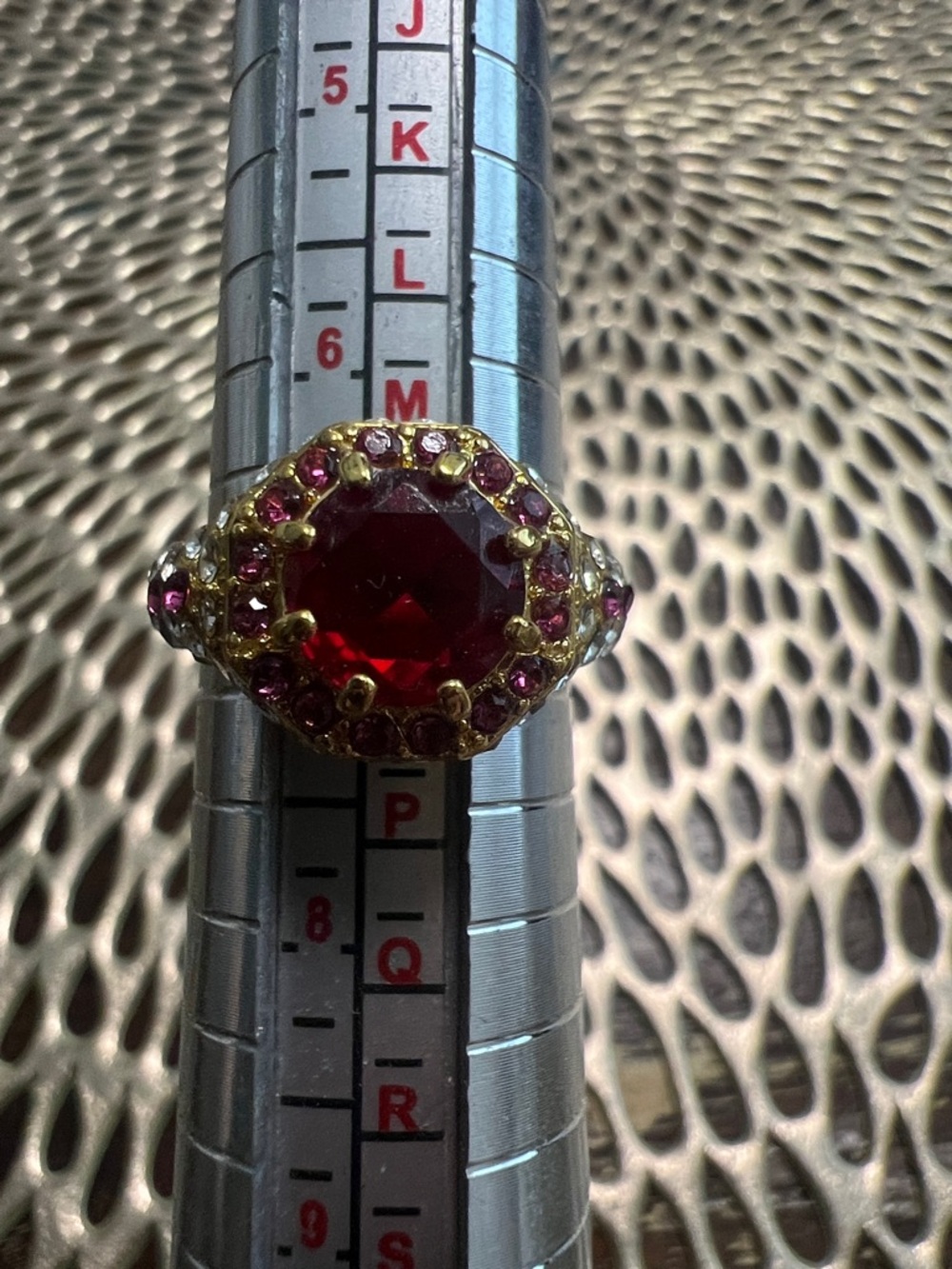 Gold-Tone Ring with Deep Red Center and Pink Accent Stones